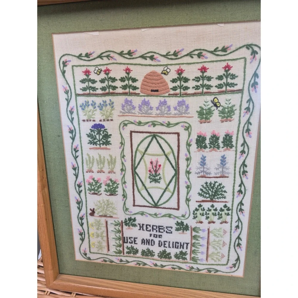 Vintage Framed Embroidery Sampler Herb Garden Botanical Cottagecore Wall Art